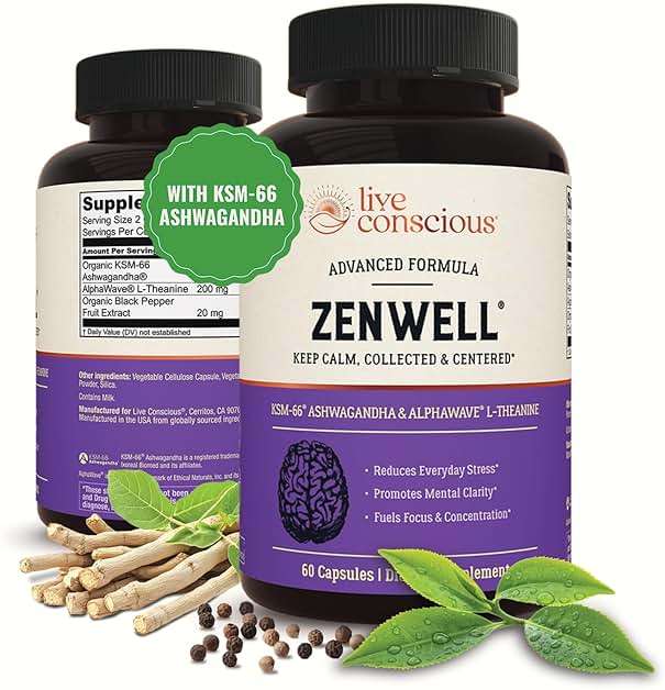 Live Conscious KSM-66 Ashwagandha Supplement w/L Theanine & AlphaWave - ZenWell Everyday Stress Relief, Cognitive, Brain Health - Ashwagandha for Men & Women - 60 Capsules - Image 1