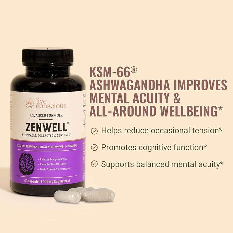 Live Conscious KSM-66 Ashwagandha Supplement w/L Theanine & AlphaWave - ZenWell Everyday Stress Relief, Cognitive, Brain Health - Ashwagandha for Men & Women - 60 Capsules - Image 2
