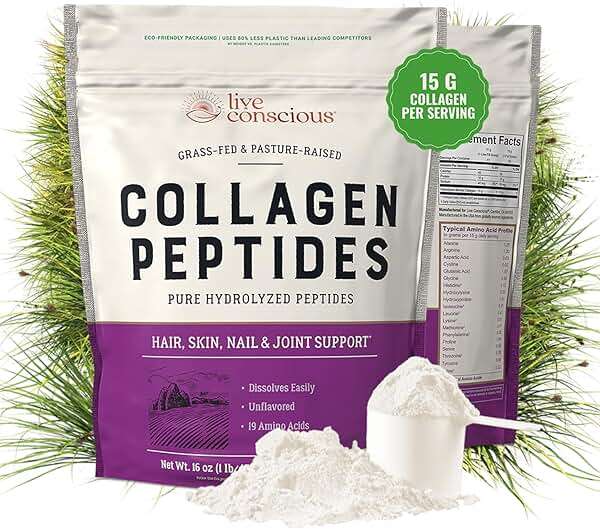 Live Conscious Collagen Peptides Powder - Naturally-Sourced Hydrolyzed Collagen Powder - Hair, Skin, Nail, and Joint Support - Type I & III Grass-Fed Collagen Supplements for Women and Men - 16oz - Image 1
