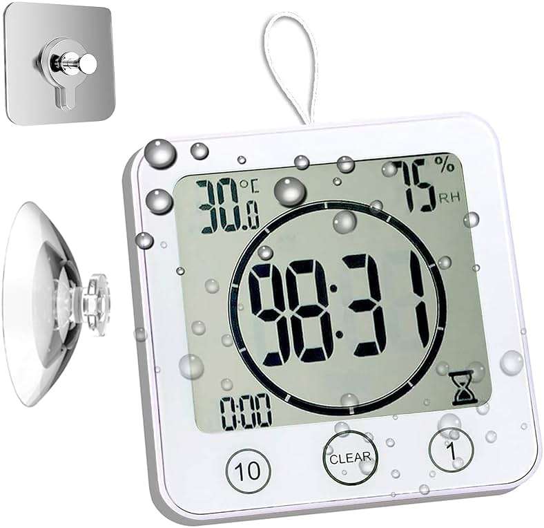 Waterproof Bathroom Wall Clock and Timer, Digital Water Resistant Hanging Timer for Shower, Large Display Kitchen Cooking Countdown Timers, Mirror Suction Clock with Temperature Humidity Meter (White) - Image 1