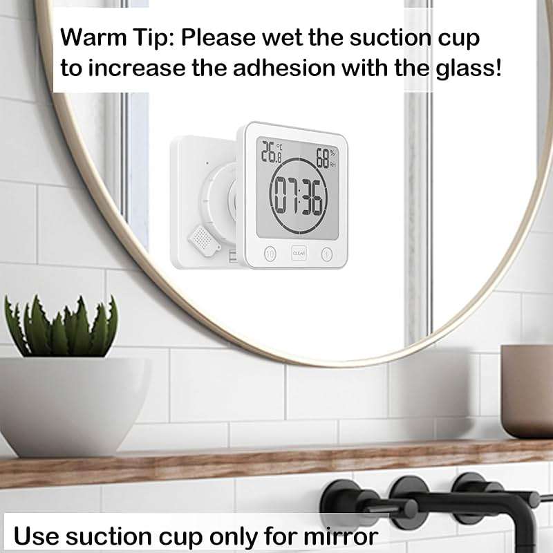 Waterproof Bathroom Wall Clock and Timer, Digital Water Resistant Hanging Timer for Shower, Large Display Kitchen Cooking Countdown Timers, Mirror Suction Clock with Temperature Humidity Meter (White) - Image 3