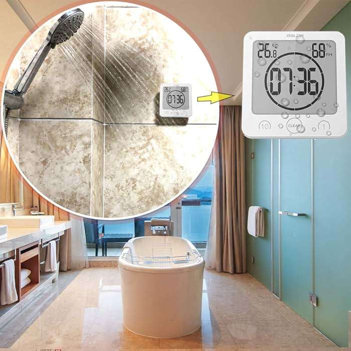 Waterproof Bathroom Wall Clock and Timer, Digital Water Resistant Hanging Timer for Shower, Large Display Kitchen Cooking Countdown Timers, Mirror Suction Clock with Temperature Humidity Meter (White) - Image 4