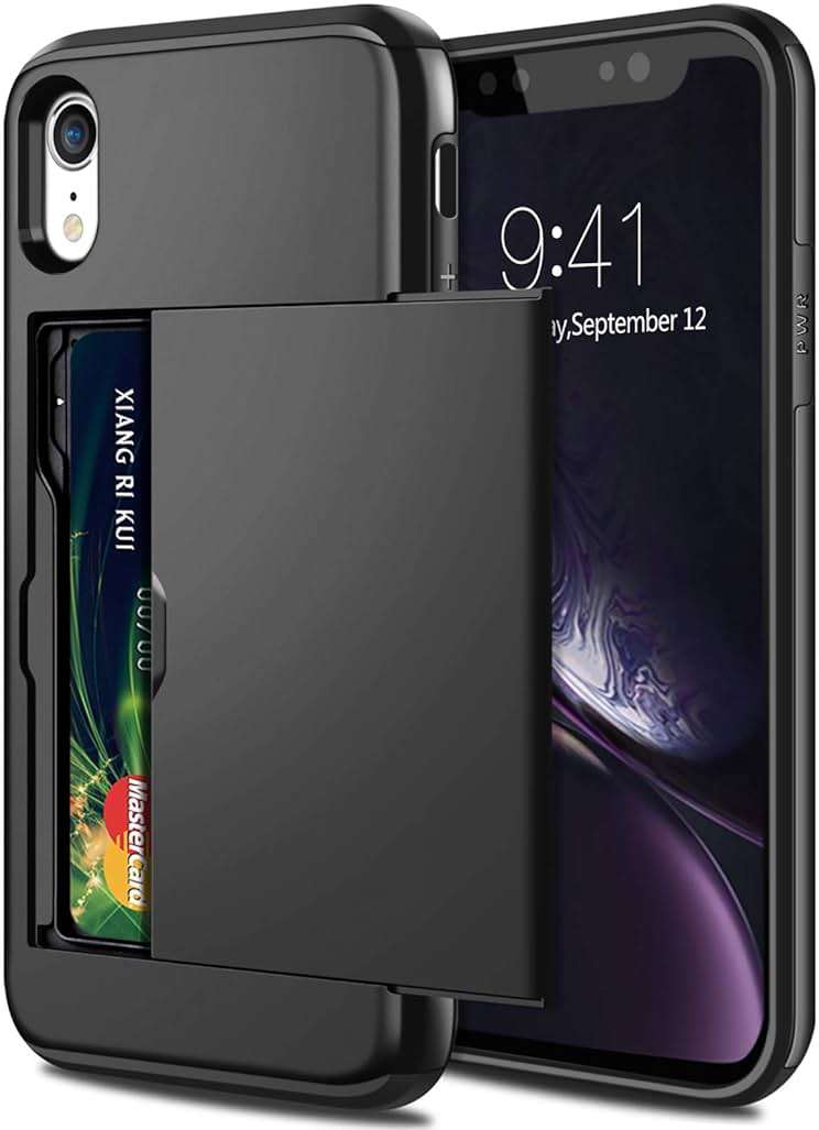SAMONPOW for iPhone XR Case Wallet Card Holder Heavy Duty Protection XR Phone Case Wallet Card Holder Dual Layer Anti Scratch Hard PC Soft Rubber Bumper Cover Case for iPhone XR 6.1 inch Black - Image 1
