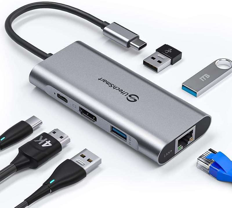 UtechSmart USB C Hub, USB C Ethernet Multiport Adapter, 6 In 1 USB C to HDMI Dock Compatible for Macbook Pro/Air, Chromebook, Dell XPS, HP and Type C Devices (Gigabit Ethernet 100W PD 4K HDMI USB 3.0) - Image 1