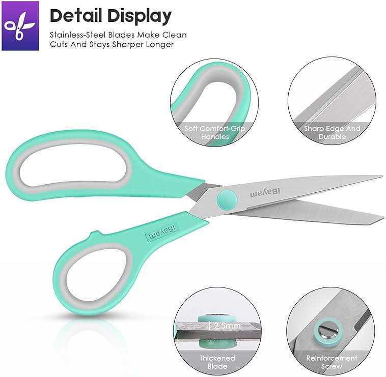 Scissors, iBayam 8" All Purpose Scissors Bulk 3-Pack, Ultra Sharp 2.5mm Thick Blade Shears Comfort-Grip for Office Desk Accessories Sewing Fabric Home Craft Teacher School Supplies, Right/Left Handed - Image 3