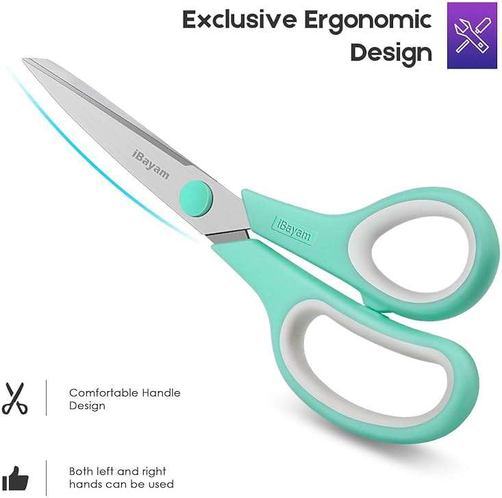 Scissors, iBayam 8" All Purpose Scissors Bulk 3-Pack, Ultra Sharp 2.5mm Thick Blade Shears Comfort-Grip for Office Desk Accessories Sewing Fabric Home Craft Teacher School Supplies, Right/Left Handed - Image 5