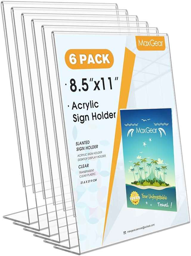 MaxGear 6 Pack Acrylic Sign Holder 8.5 X 11, Plastic Paper Holder With Vertical Slanted Back, Picture Photo Frames Display Stand Flyer and Document Organizer for Office Desktop Use - Image 1