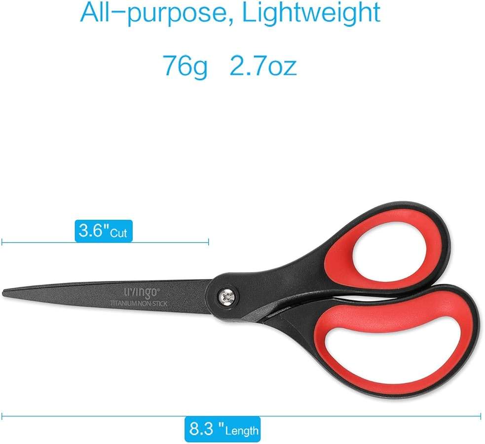 LIVINGO 2 Pack 8" Titanium Non-Stick Scissors, Professional Stainless Steel Comfort Grip, All-Purpose, Straight Office Craft Scissors for DIY(Red/Black) - Image 2