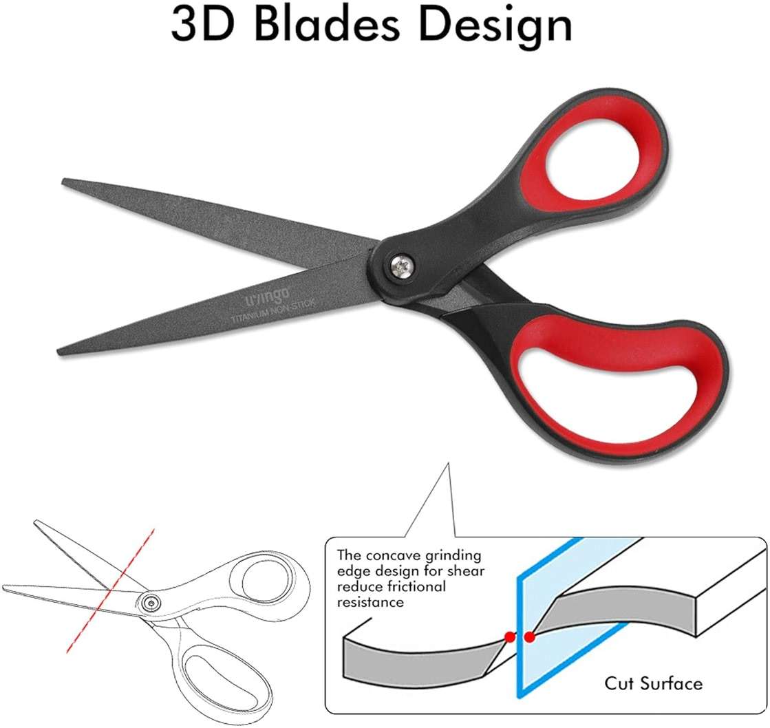 LIVINGO 2 Pack 8" Titanium Non-Stick Scissors, Professional Stainless Steel Comfort Grip, All-Purpose, Straight Office Craft Scissors for DIY(Red/Black) - Image 5
