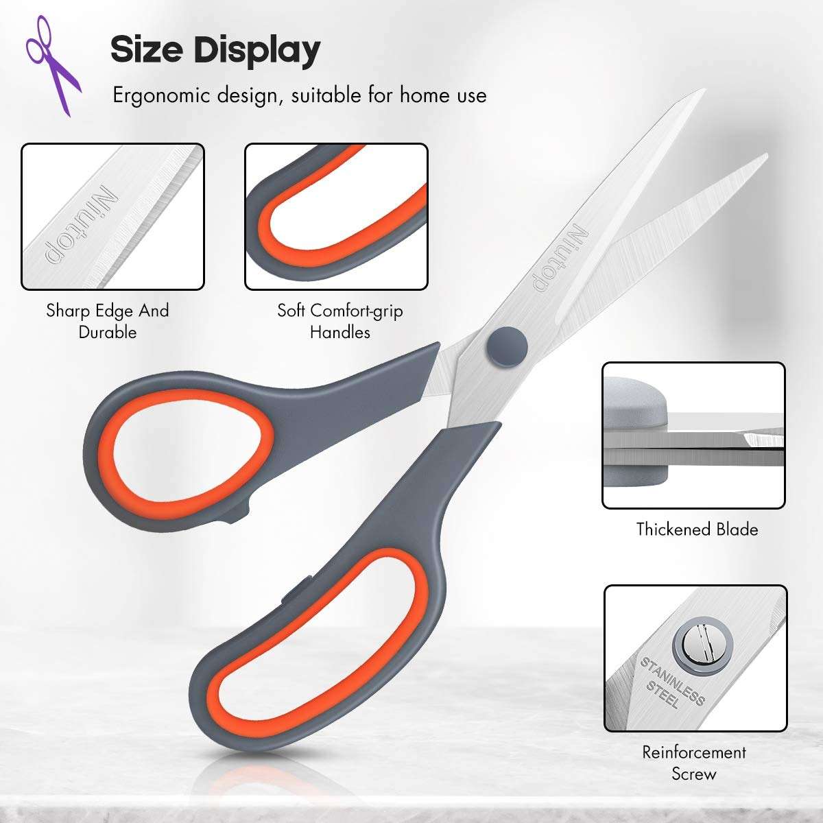Scissors Bulk Set of 5-Pack, Niutop 8" Multipurpose Sharp Sewing Craft Fabric Scissors for Office Home High/Middle School Student Office Teacher Art Supplies, Soft Comfort-Grip Right/Left Handles - Image 4