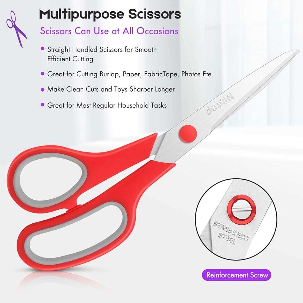 Scissors Bulk Set of 5-Pack, Niutop 8" Multipurpose Sharp Sewing Craft Fabric Scissors for Office Home High/Middle School Student Office Teacher Art Supplies, Soft Comfort-Grip Right/Left Handles - Image 5