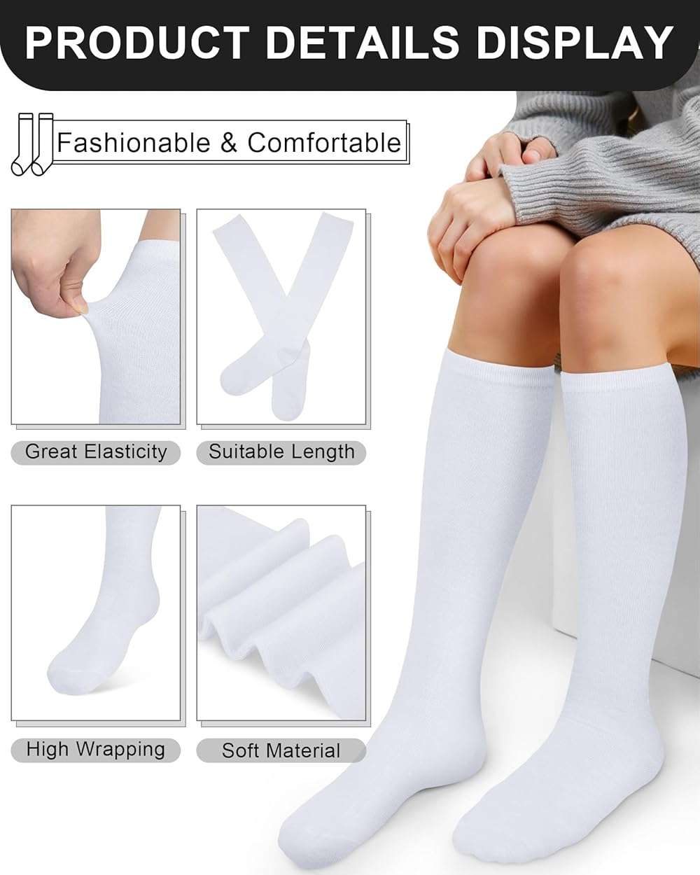 Senker Fashion Knee High Socks for Women, Cotton White Long Tube Sock Black Stockings Striped for Boot Outdoor Sport - Image 2