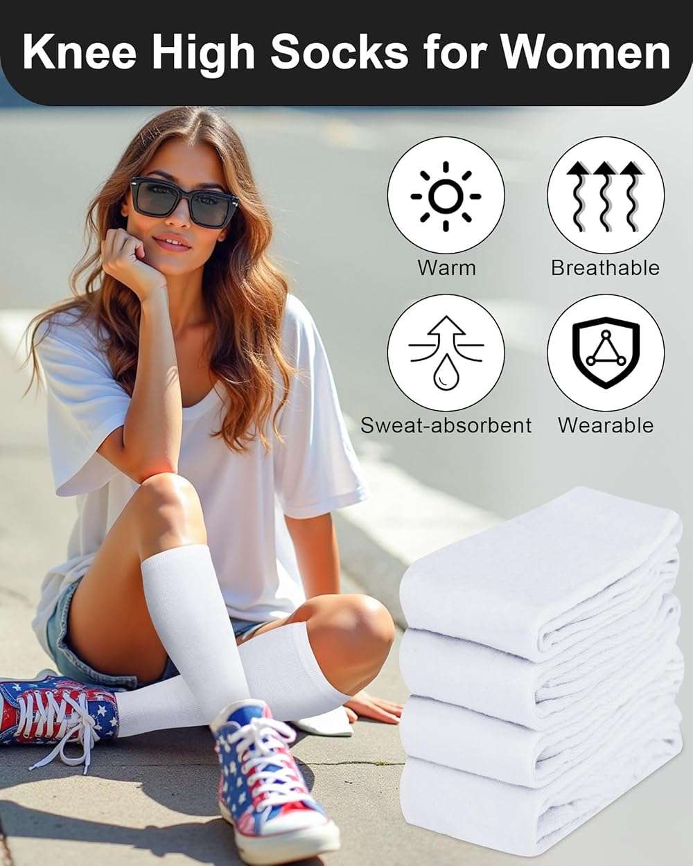 Senker Fashion Knee High Socks for Women, Cotton White Long Tube Sock Black Stockings Striped for Boot Outdoor Sport - Image 4