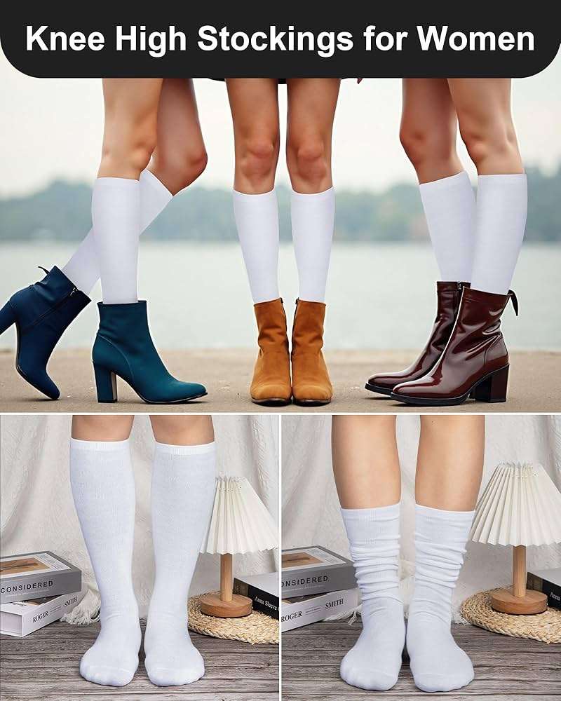 Senker Fashion Knee High Socks for Women, Cotton White Long Tube Sock Black Stockings Striped for Boot Outdoor Sport - Image 5