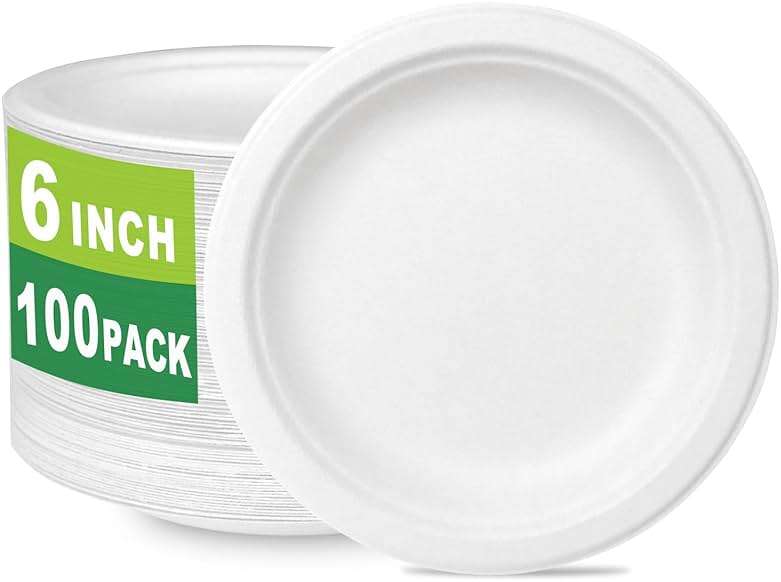 CantaGreen 6 inch Small Compostable Dessert Plates,100 Count Heavyduty Sugarcane/Bagasse and Bamboo Fibre Biodegradable Disposable Paper Plate - Image 1