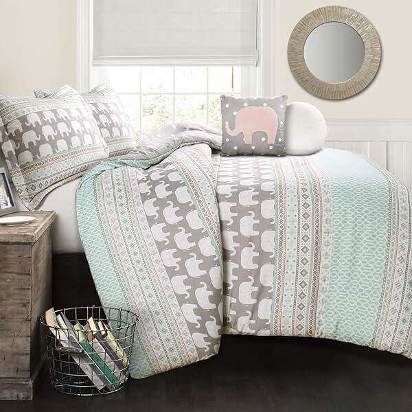 Lush Decor Elephant Stripe Reversible Comforter Twin Size 4 Piece Set Turquoise & Pink - Toddler Bedding Set Twin Comforter - Kids Bedroom Decor - Image 2