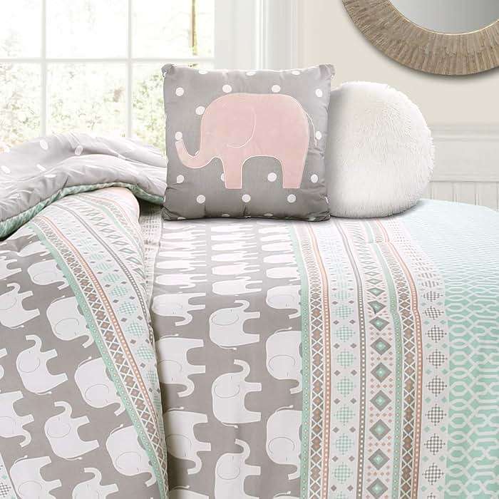 Lush Decor Elephant Stripe Reversible Comforter Twin Size 4 Piece Set Turquoise & Pink - Toddler Bedding Set Twin Comforter - Kids Bedroom Decor - Image 3