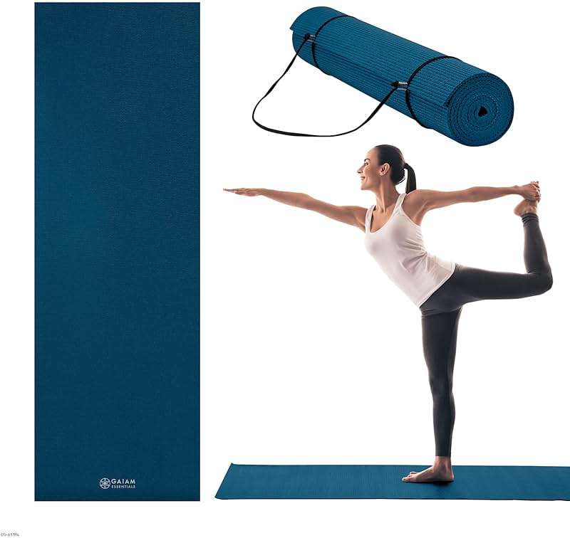 Gaiam Essentials Thick 2/5" (10mm) and Thin 1/4" (6mm) Yoga & Pilates, Fitness & Exercise Mat with Easy-Cinch Carrier Strap - Image 1