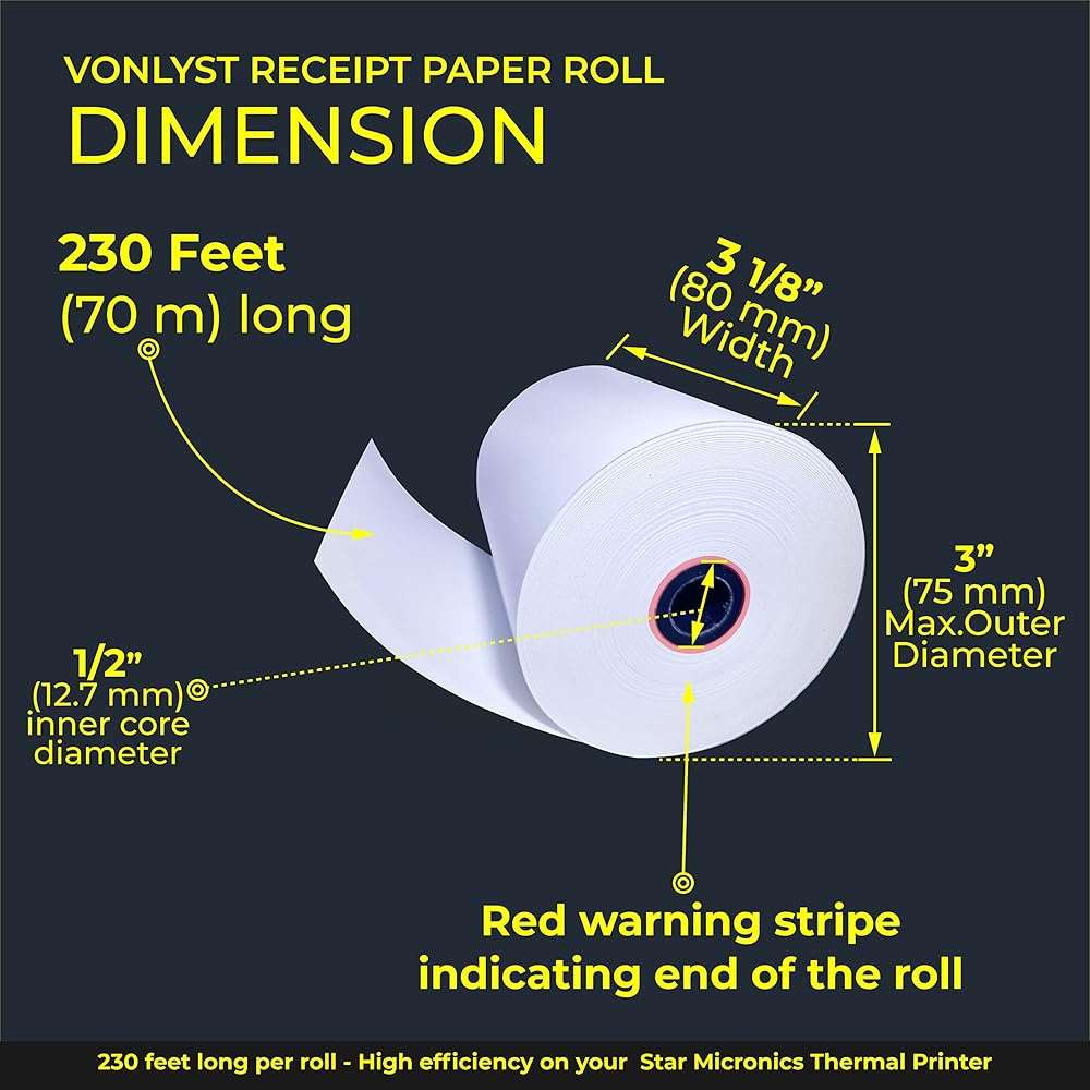 Vonlyst Receipt Paper Roll 3 1/8 x 230 for Square Register and Square POS System connected to Star Micronics Thermal Printer (Pack 12 rolls) - Image 2