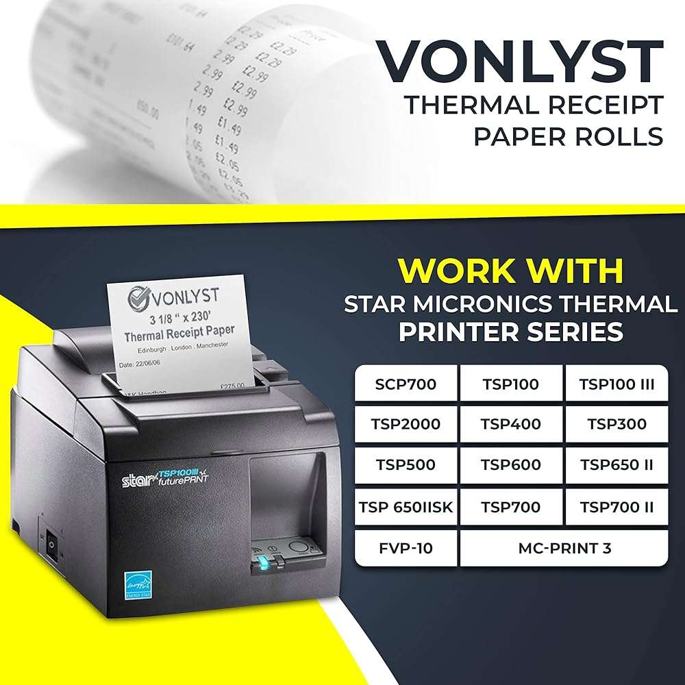 Vonlyst Receipt Paper Roll 3 1/8 x 230 for Square Register and Square POS System connected to Star Micronics Thermal Printer (Pack 12 rolls) - Image 3