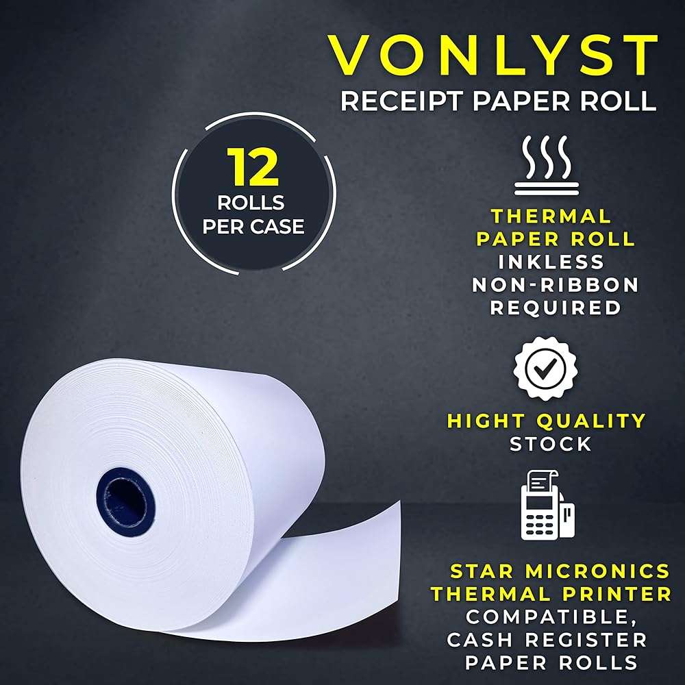 Vonlyst Receipt Paper Roll 3 1/8 x 230 for Square Register and Square POS System connected to Star Micronics Thermal Printer (Pack 12 rolls) - Image 5