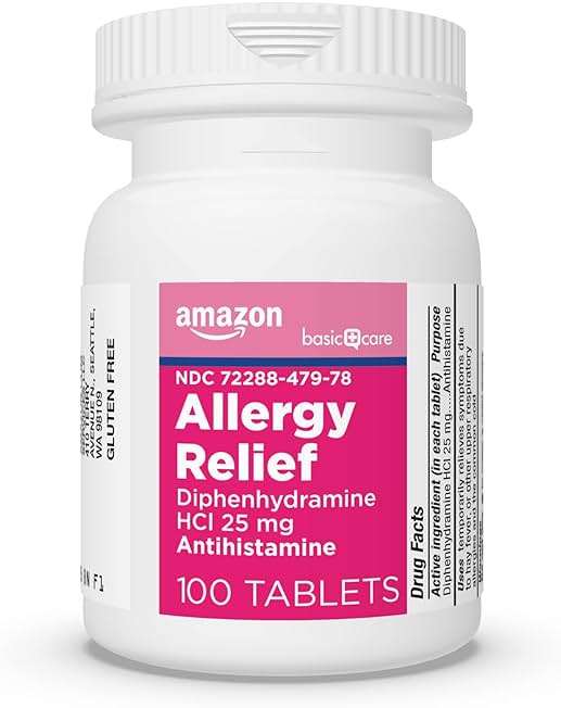Amazon Basic Care Allergy Relief Diphenhydramine HCl 25 mg, Antihistamine Tablets for Symptoms Due to Hay Fever and Upper Respiratory Allergies, Mini-Tabs, 100 Count - Image 6