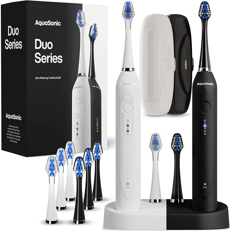 Aquasonic Duo - Dual Handle Ultra Whitening 40,000 VPM Wireless Charging Electric ToothBrushes - 3 Modes with Smart Timers - 10 Dupont Brush Heads & 2 Travel Cases Included - Image 1