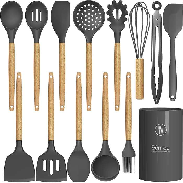 oannao Silicone Cooking Utensils Kitchen Utensil Set - 446°F Heat Resistant Silicone Kitchen Utensils Set, Spatula,Turner Tongs, Spoon, Whisk,Kitchen Gadgets for Nonstick Cookware, BPA Free (Gray) - Image 1