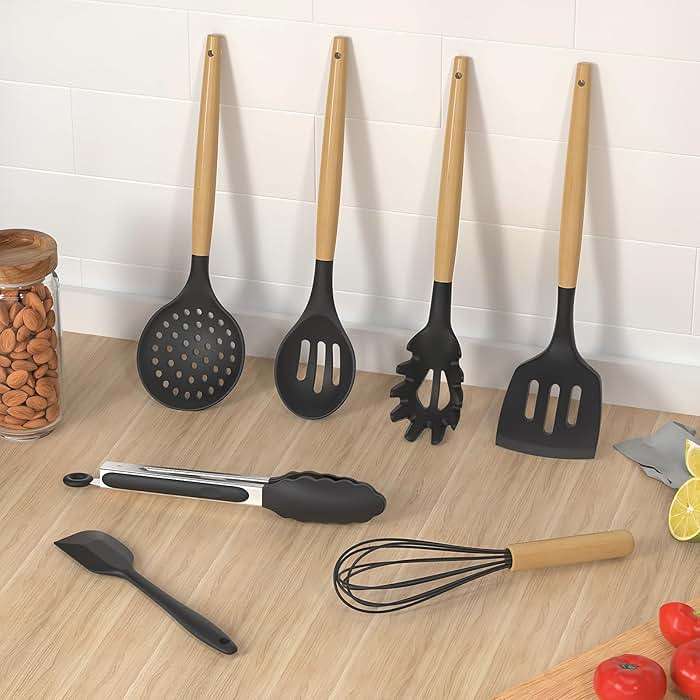 oannao Silicone Cooking Utensils Kitchen Utensil Set - 446°F Heat Resistant Silicone Kitchen Utensils Set, Spatula,Turner Tongs, Spoon, Whisk,Kitchen Gadgets for Nonstick Cookware, BPA Free (Gray) - Image 2