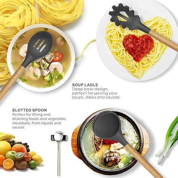 oannao Silicone Cooking Utensils Kitchen Utensil Set - 446°F Heat Resistant Silicone Kitchen Utensils Set, Spatula,Turner Tongs, Spoon, Whisk,Kitchen Gadgets for Nonstick Cookware, BPA Free (Gray) - Image 3