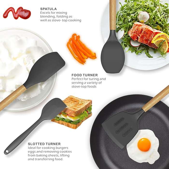 oannao Silicone Cooking Utensils Kitchen Utensil Set - 446°F Heat Resistant Silicone Kitchen Utensils Set, Spatula,Turner Tongs, Spoon, Whisk,Kitchen Gadgets for Nonstick Cookware, BPA Free (Gray) - Image 4