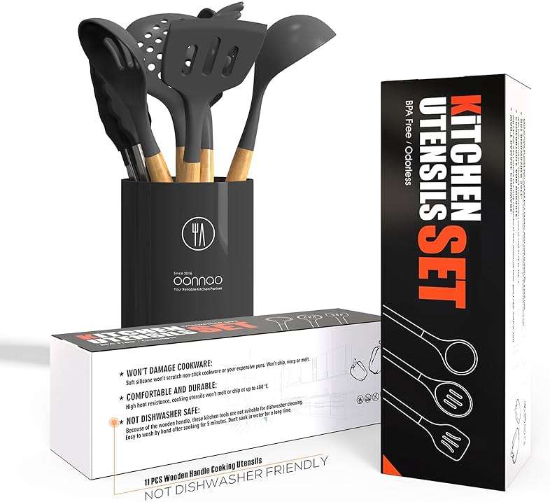 oannao Silicone Cooking Utensils Kitchen Utensil Set - 446°F Heat Resistant Silicone Kitchen Utensils Set, Spatula,Turner Tongs, Spoon, Whisk,Kitchen Gadgets for Nonstick Cookware, BPA Free (Gray) - Image 6