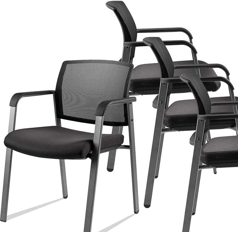 CLATINA Mesh Back Stacking Arm Chairs with Upholstered Fabric Seat and Ergonomic Lumber Support for Office School Church Guest Reception Black 4 Pack Set New Version - Image 1