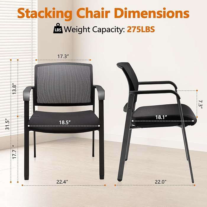 CLATINA Mesh Back Stacking Arm Chairs with Upholstered Fabric Seat and Ergonomic Lumber Support for Office School Church Guest Reception Black 4 Pack Set New Version - Image 3