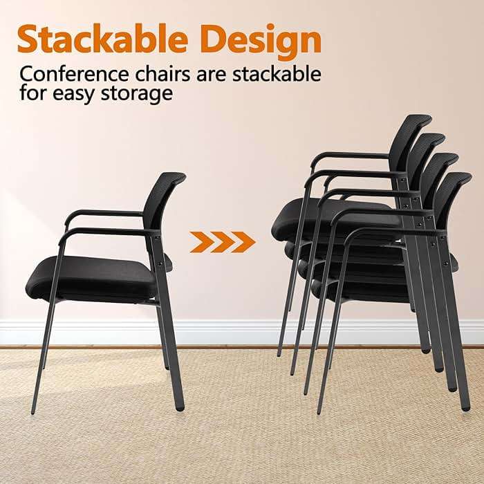 CLATINA Mesh Back Stacking Arm Chairs with Upholstered Fabric Seat and Ergonomic Lumber Support for Office School Church Guest Reception Black 4 Pack Set New Version - Image 4