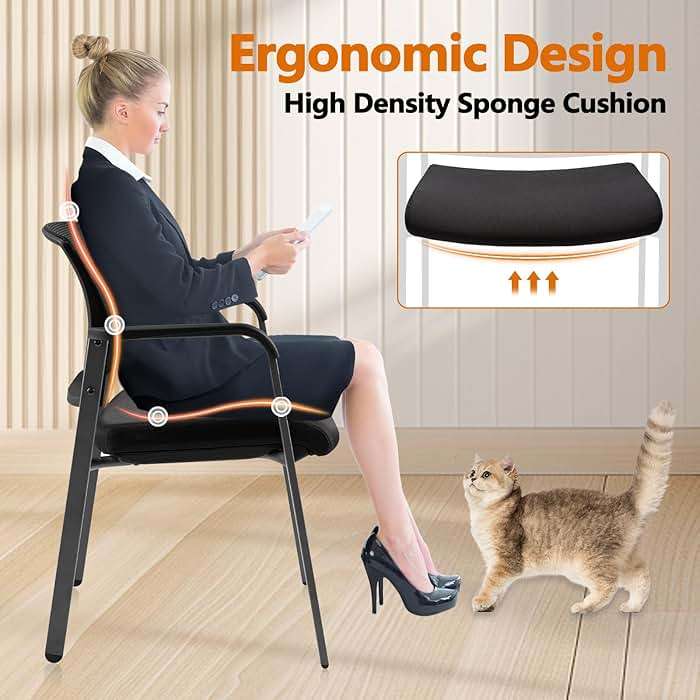 CLATINA Mesh Back Stacking Arm Chairs with Upholstered Fabric Seat and Ergonomic Lumber Support for Office School Church Guest Reception Black 4 Pack Set New Version - Image 5