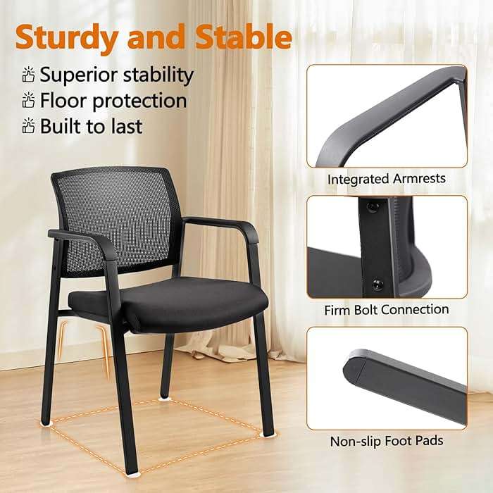 CLATINA Mesh Back Stacking Arm Chairs with Upholstered Fabric Seat and Ergonomic Lumber Support for Office School Church Guest Reception Black 4 Pack Set New Version - Image 6