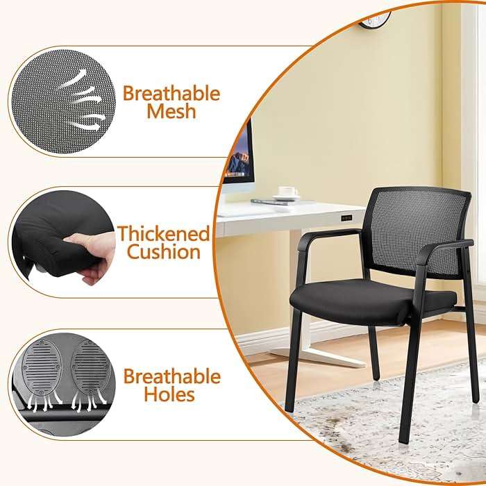 CLATINA Mesh Back Stacking Arm Chairs with Upholstered Fabric Seat and Ergonomic Lumber Support for Office School Church Guest Reception Black 4 Pack Set New Version - Image 7