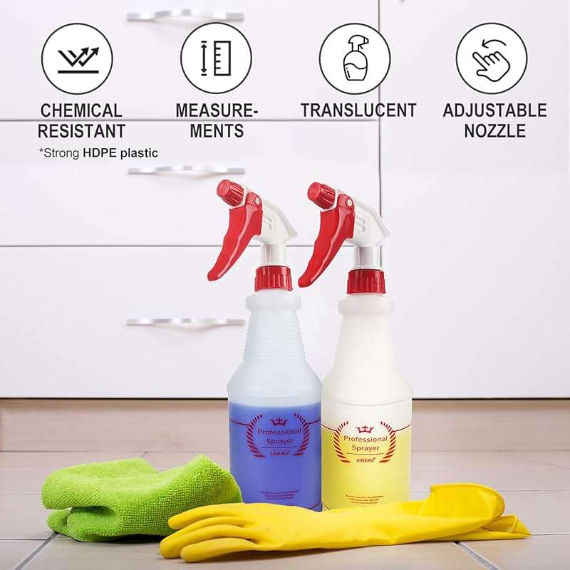 Uineko Plastic Spray Bottle (4 Pack, 24 Oz, All-Purpose) Heavy Duty Spraying Bottles Leak Proof Mist Empty Water Bottle for Cleaning Solution Planting Pet with Adjustable Nozzle and Measurements - Image 3