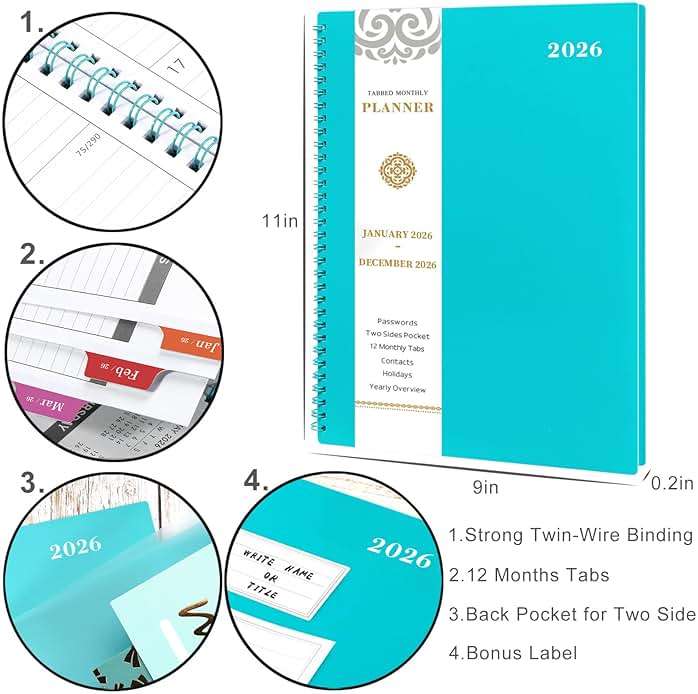 2026-2027 Monthly Planner - Planner/Calendar 2026-2027, JUL 2026 - DEC 2027, 9" x 11", 18 Month Planners with Tabs, Pocket, Label, Contacts and Passwords, Twin-Wire Binding, Blue - Image 3