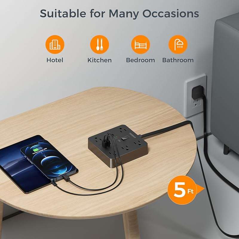 TESSAN 5Ft Black Extension Cord with Multiple Outlets, Surge Protector Power Strip with 6 Outlets and 4 USB Ports (2 USB C), 2100 Joules Protection, Flat Plug, Outlet Extender for Home, Office, Dorm - Image 2