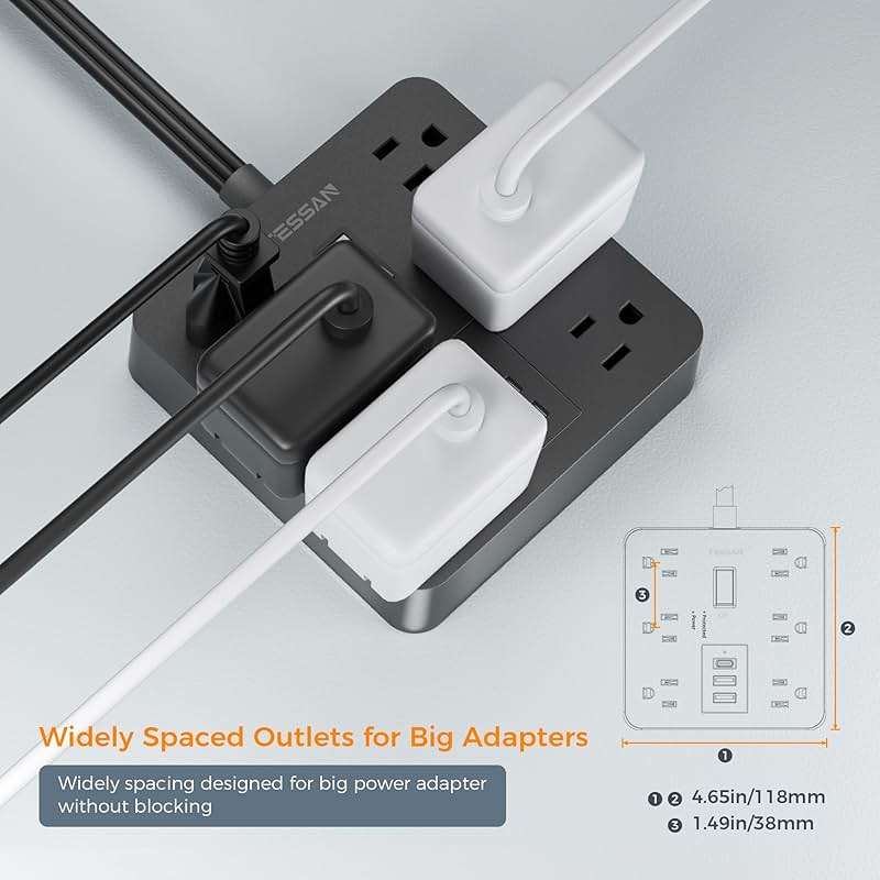 TESSAN 5Ft Black Extension Cord with Multiple Outlets, Surge Protector Power Strip with 6 Outlets and 4 USB Ports (2 USB C), 2100 Joules Protection, Flat Plug, Outlet Extender for Home, Office, Dorm - Image 5