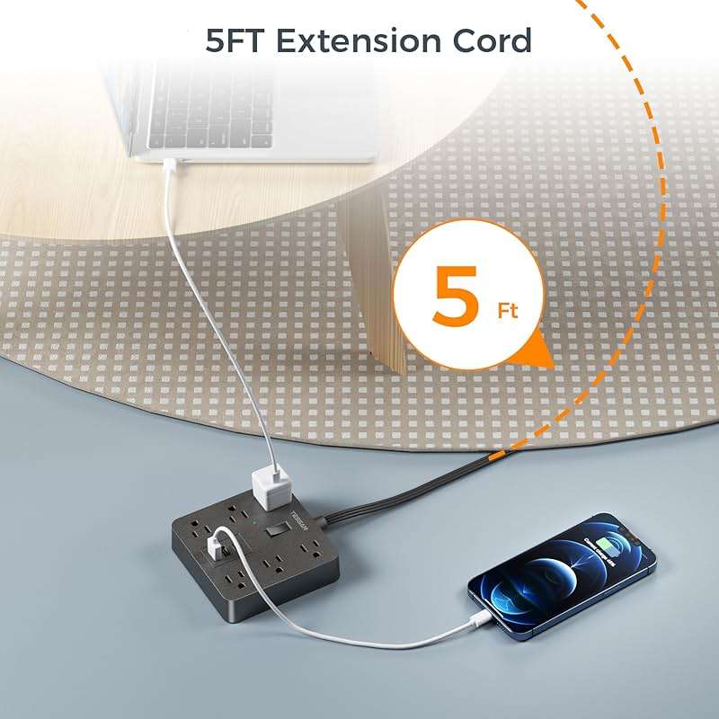 TESSAN 5Ft Black Extension Cord with Multiple Outlets, Surge Protector Power Strip with 6 Outlets and 4 USB Ports (2 USB C), 2100 Joules Protection, Flat Plug, Outlet Extender for Home, Office, Dorm - Image 6