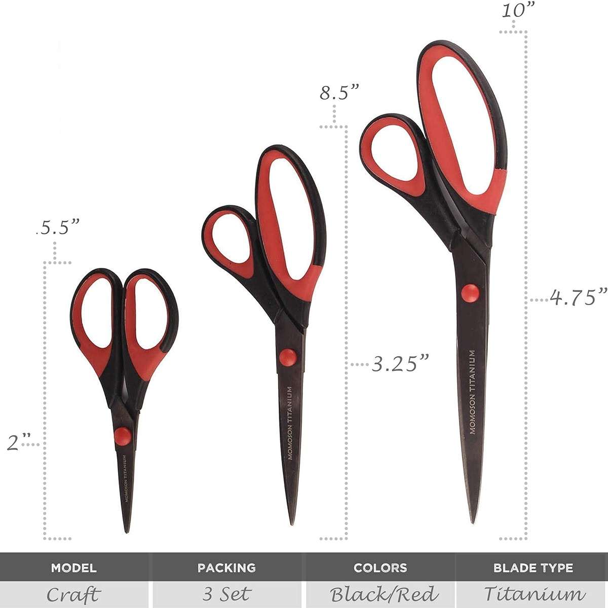 JubileeYarn Titanium Softgrip Scissors Set for Sewing, Arts, Crafts, Office - 1 Set of 3 - Black w/Red Inlays - Image 3
