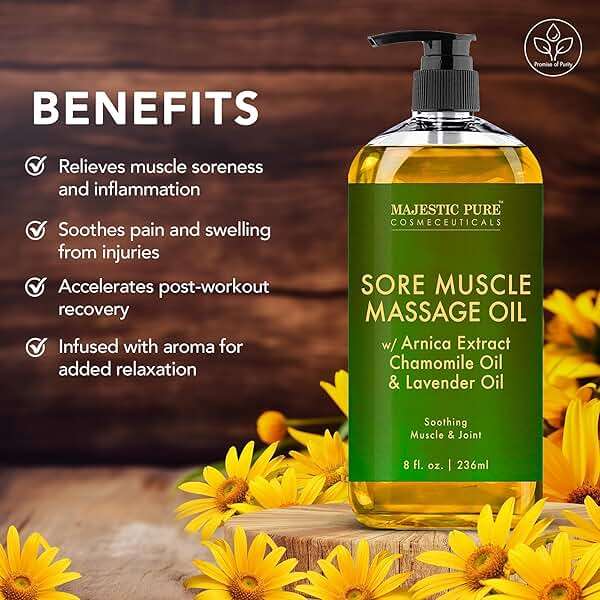 MAJESTIC PURE Arnica Sore Muscle Massage Oil for Massage Therapy - Refreshing and Relaxing - Natural Oils with Lavender & Chamomile Essential Oils - All Skin Types - Men & Women Massage Lotion-8 fl oz - Image 4