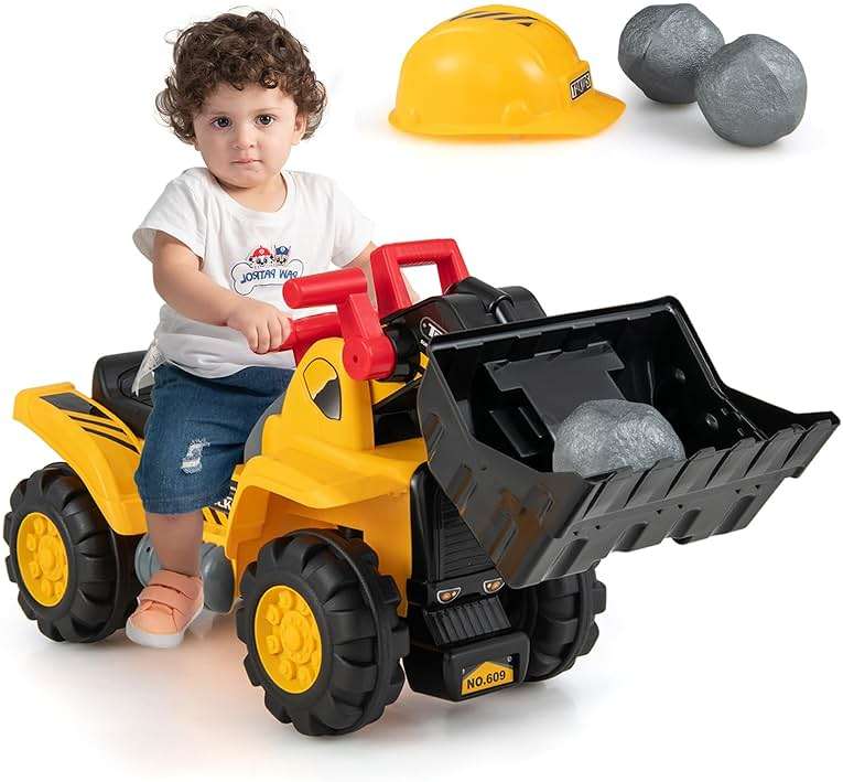 Costzon Ride on Excavator, Ride on Construction Vehicles w/Helmet, 3 Toy Stones, Realistic Sound, Adjustable Bucket & Under Seat Storage, Bulldozer Ride on Toy Gift for Kids Boys & Girls - Image 1