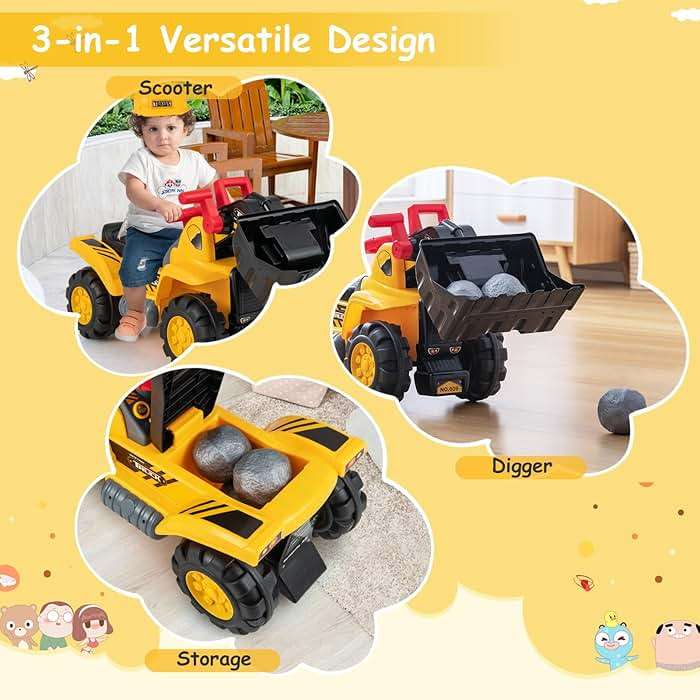 Costzon Ride on Excavator, Ride on Construction Vehicles w/Helmet, 3 Toy Stones, Realistic Sound, Adjustable Bucket & Under Seat Storage, Bulldozer Ride on Toy Gift for Kids Boys & Girls - Image 3