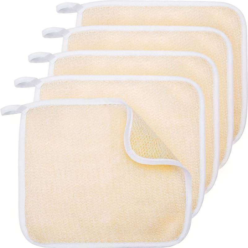 Tatuo 5 Pcs Exfoliating Face and Body Wash Cloths Towel Weave Bath Exfoliating Scrub Massage Bath Cloth for Women and Men, 10.23 x 8.66 Inch(Beige Edge) - Image 1