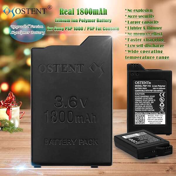 OSTENT High Capacity Quality Real 1800mAh 3.6V Lithium Ion Polymer Li-ion Polymer Rechargeable Battery Pack Replacement for Sony PSP 1000 PSP-110 Console - Image 2