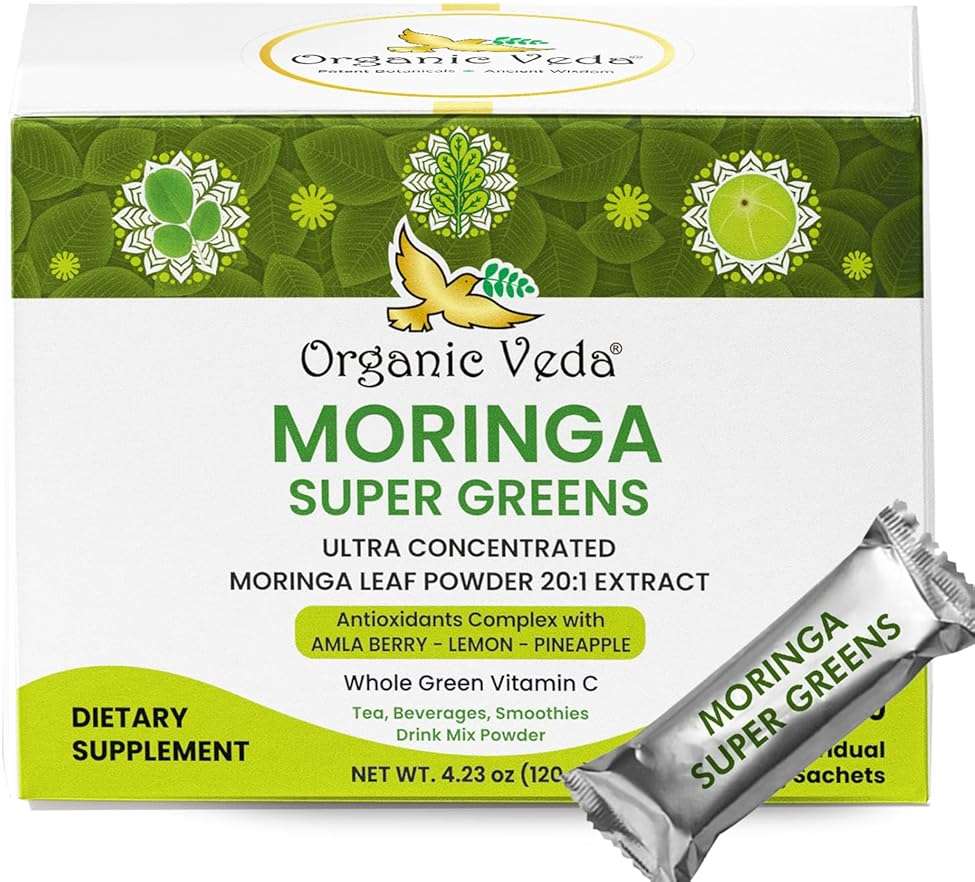 Organic Veda Moringa Amla Greens, Superfood Drink Mix Tea Powder 30 Sticks - Pineapple Juice, Concentrated Moringa Powder, Amla Juice Vitamin C & Antioxidants for Energy, Hair Growth, Skin & Immunity - Image 1